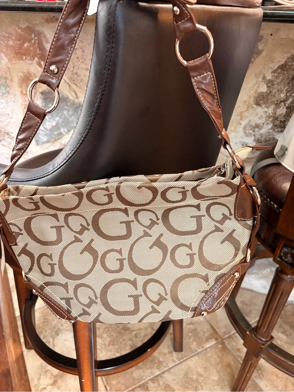 Designer-Style Brown Logo Canvas Shoulder Bag